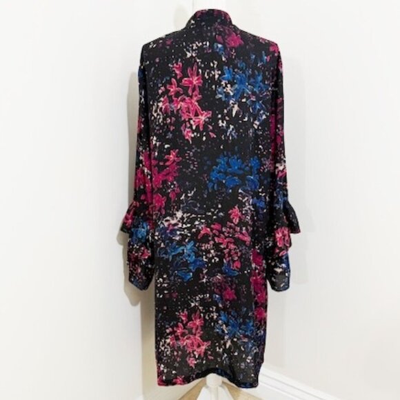 Vicky Tiel Black & Pink Floral Midi Dress Button Front Ruffles Long Sleeves 2X - Picture 3 of 6
